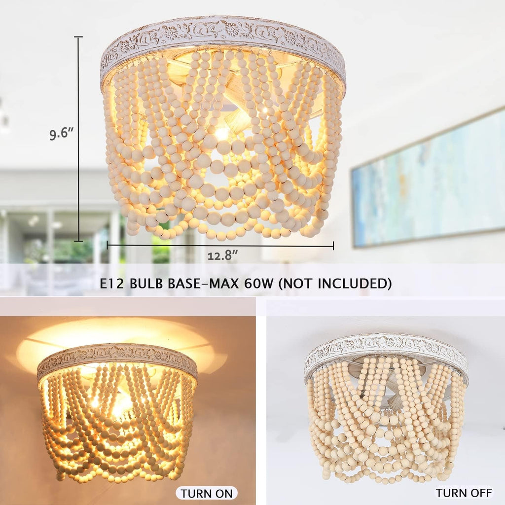 Wood Beaded Flush Mount Ceiling Light 3 Light Boho Antique