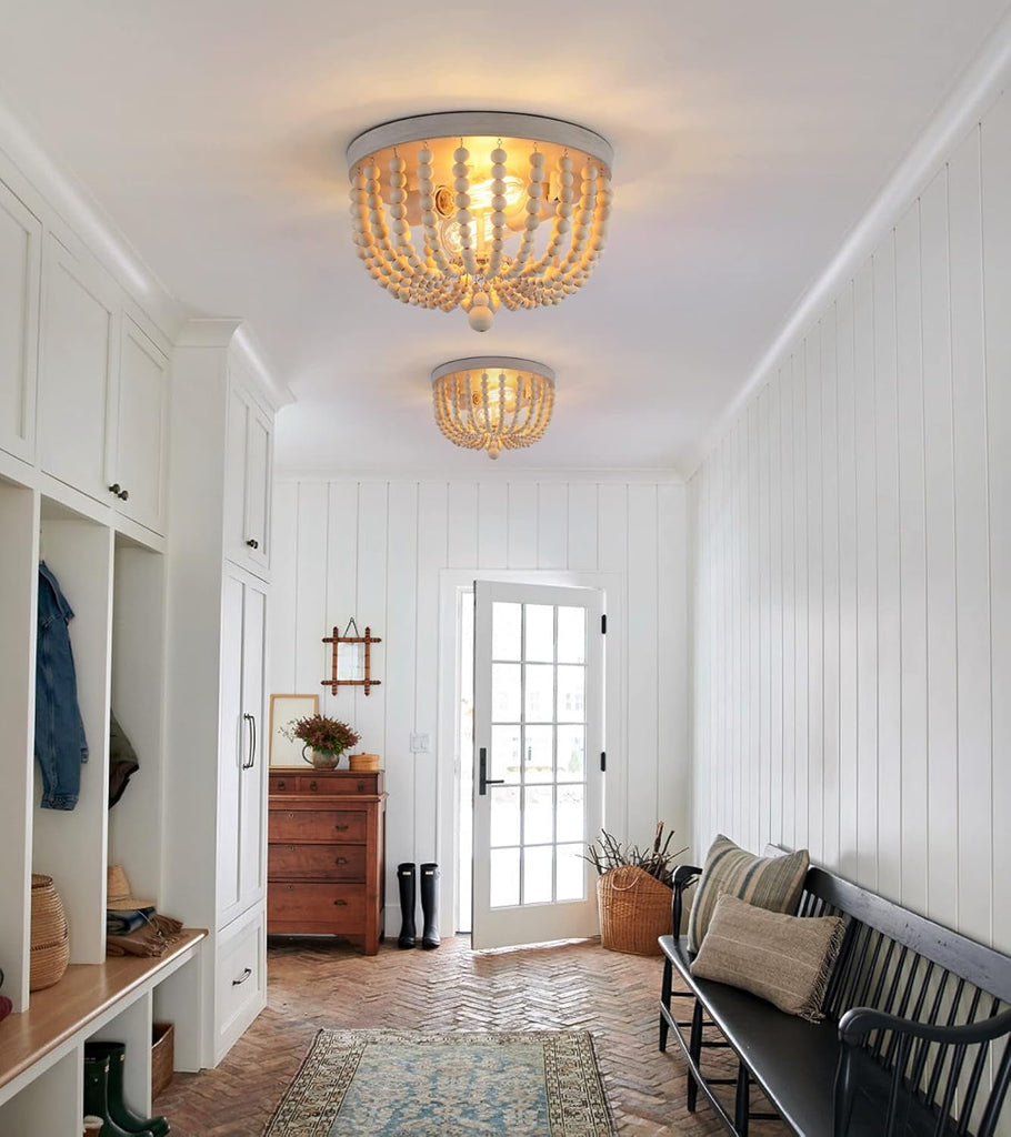 Boho Wood Beaded Flush Mount Chandelier Oak Finish 2 Lights