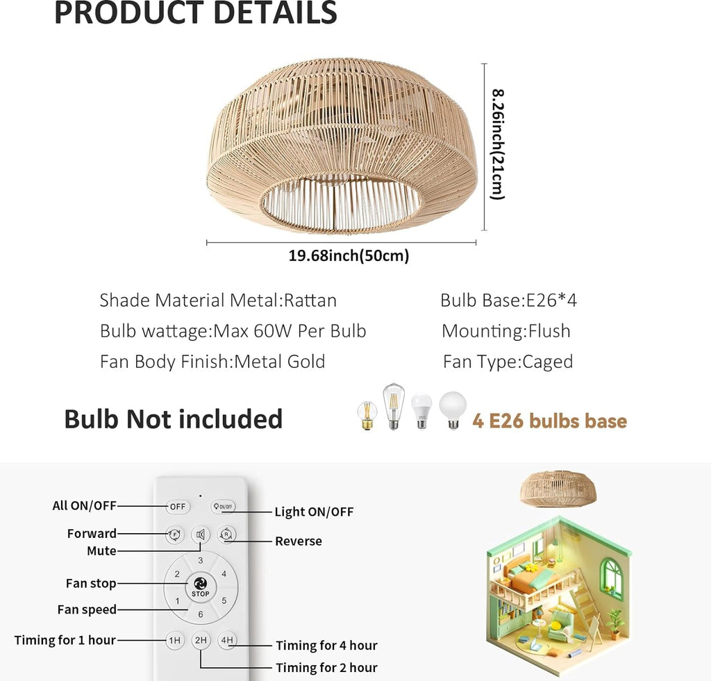 20 Inch Boho Caged Ceiling Fan With Light And Remote Control Flush