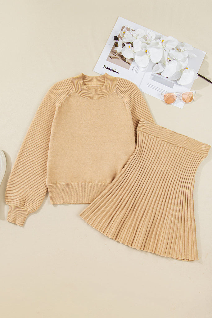 Solid High Neck Sweater and Pleated Mini Skirt Set