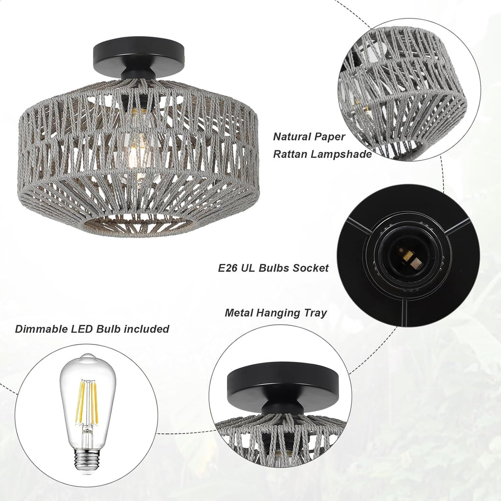 Boho Rattan Grey Ceiling Light Fixture Dimmable LED Bulbs