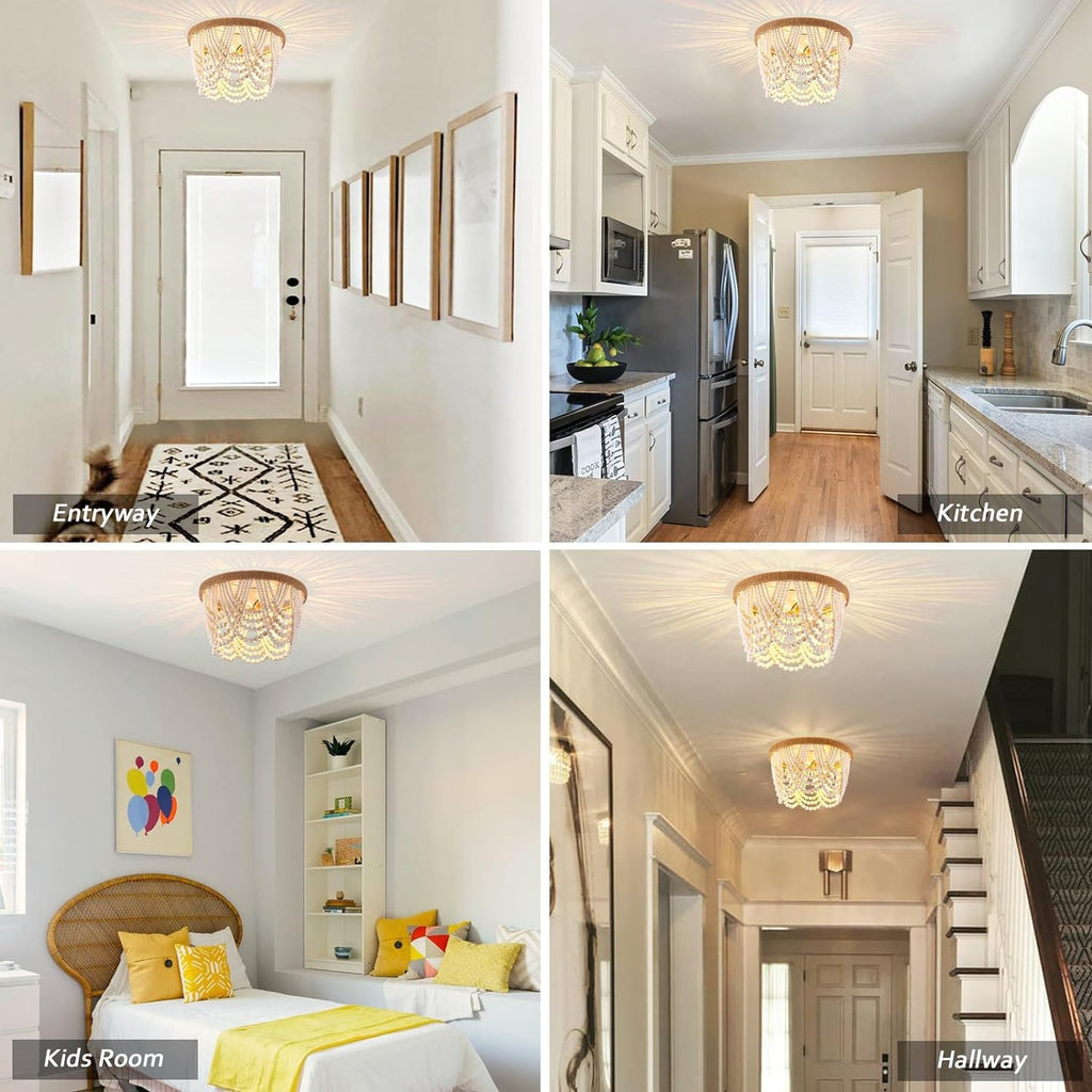 Wood Beaded 3 Light Flush Mount Chandelier White Boho Dining Room