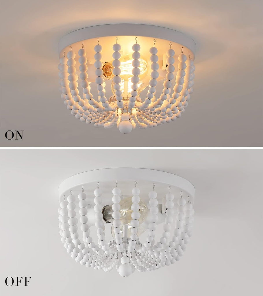 Two Light White Wood Beaded Boho Flush Mount Chandelier For Nursery