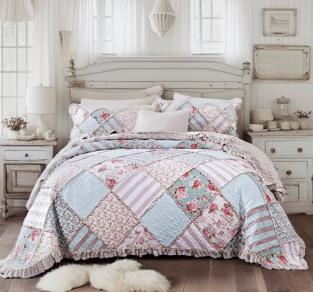 DaDa Bedding Hint of Mint Floral Pastel Cotton Patchwork Ruffle