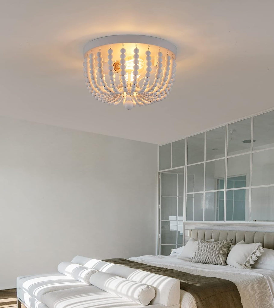 Two Light White Wood Beaded Boho Flush Mount Chandelier For Nursery
