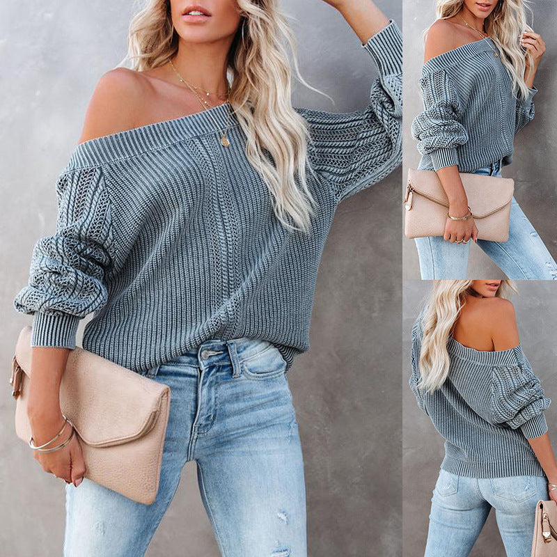 Solid Color Loose V-neck Lantern Long Sleeve Sweater