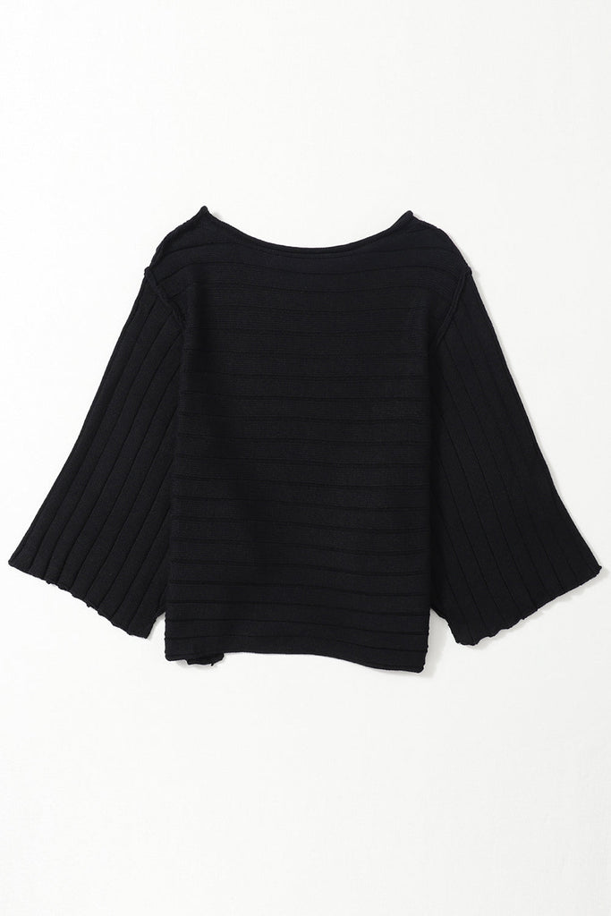 Ribbed Knit Reverse Seam 3/4 Sleeve Sweater