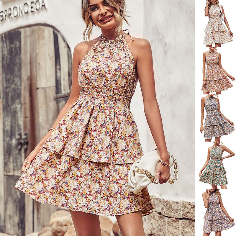 Summer Printed Halter Dress Fashion Boho Backless Ruffled A-Line Beach