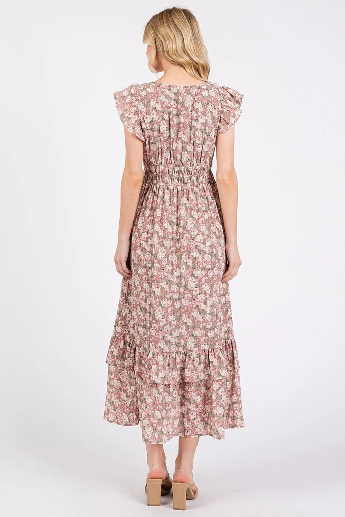Mittoshop Flower Print Ruffle Cap Sleeve V-neck Midi Dress
