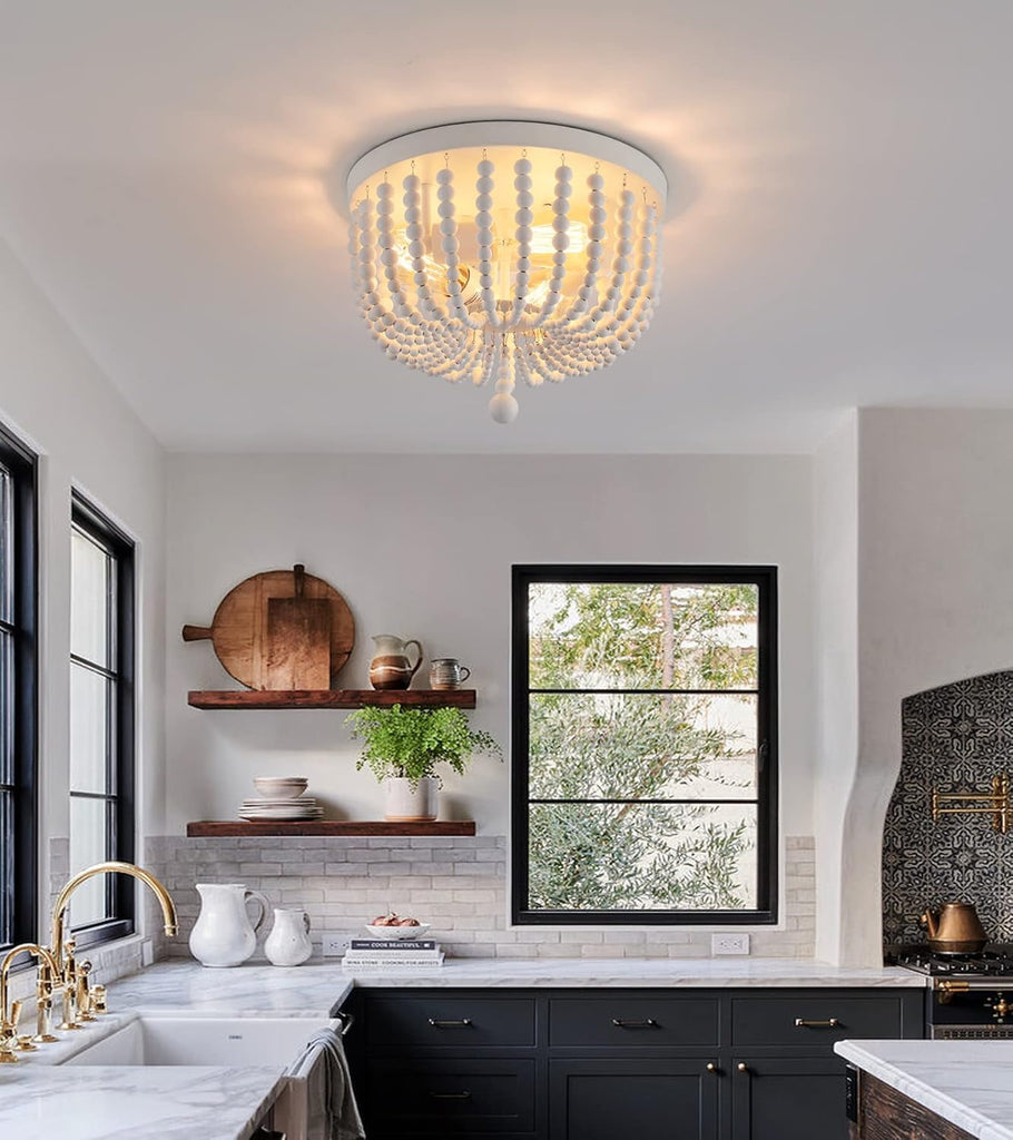 White Boho Beaded Flush Mount Ceiling Light 3 Lights