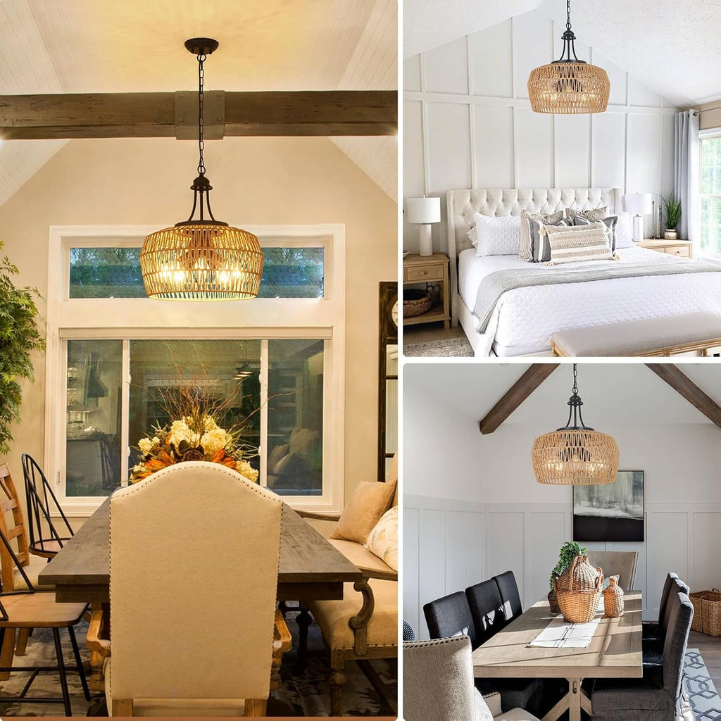 Large 5 Light Handwoven Rattan Boho Dining Room Chandelier