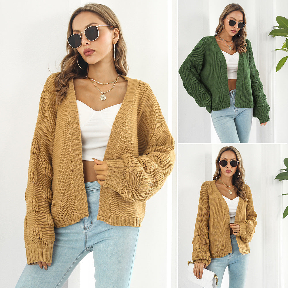Puff Sleeve Cardigan Sweater - Women Clothes Front Chunky Knitwear