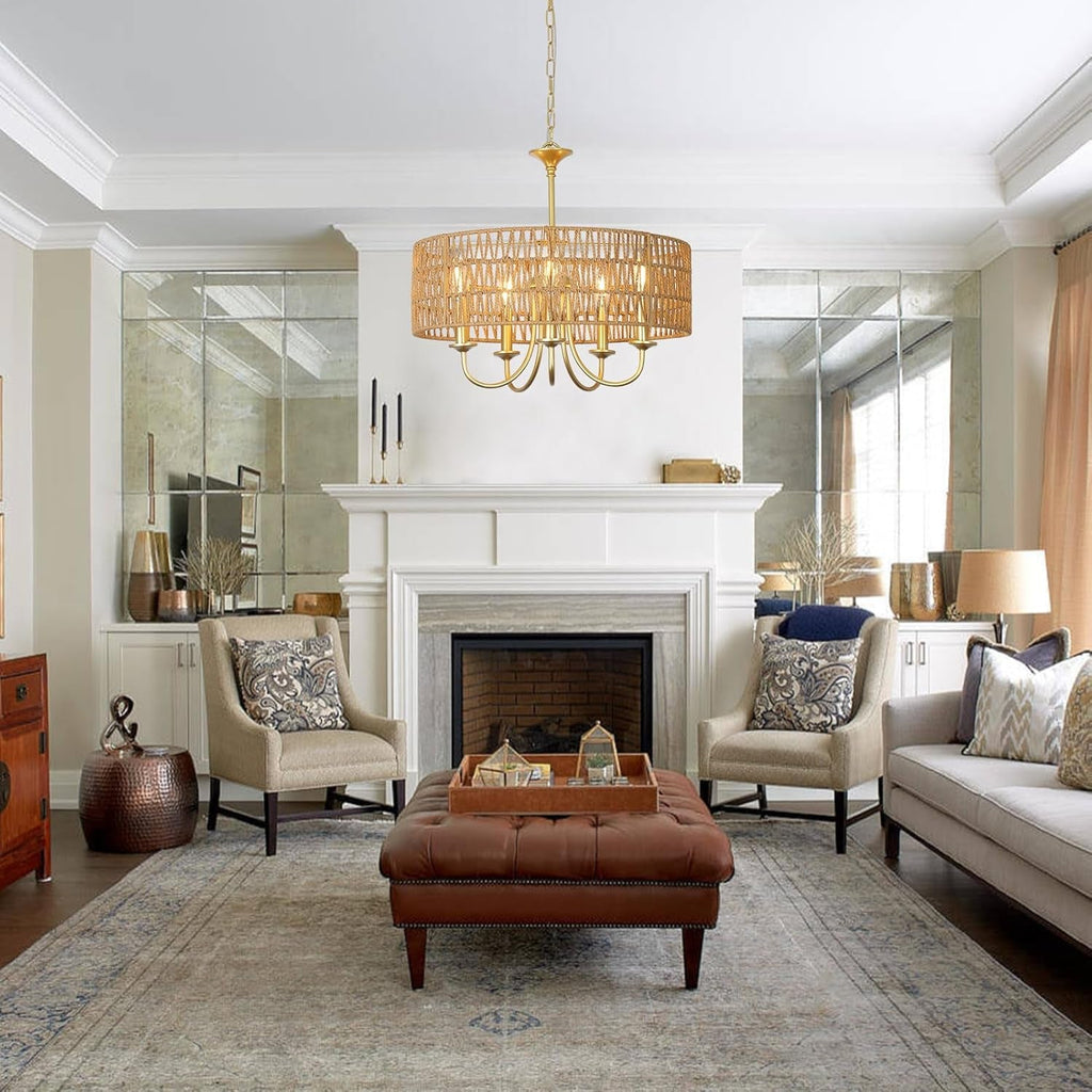 Gold 5 Light Rattan Boho Chandelier Pendant Lighting