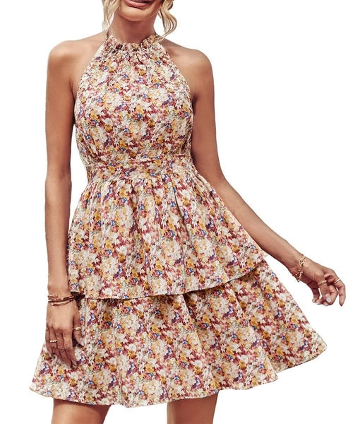 Summer Printed Halter Dress Fashion Boho Backless Ruffled A-Line Beach