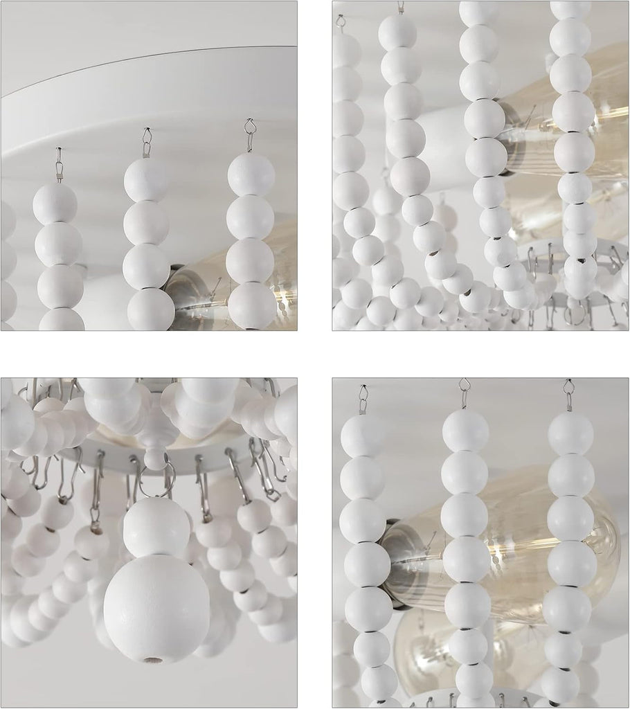 Two Light White Wood Beaded Boho Flush Mount Chandelier For Nursery