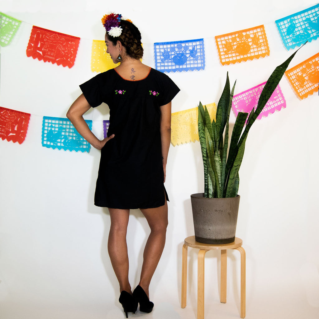 Black Mexican Dress with Multicolored Flowers.