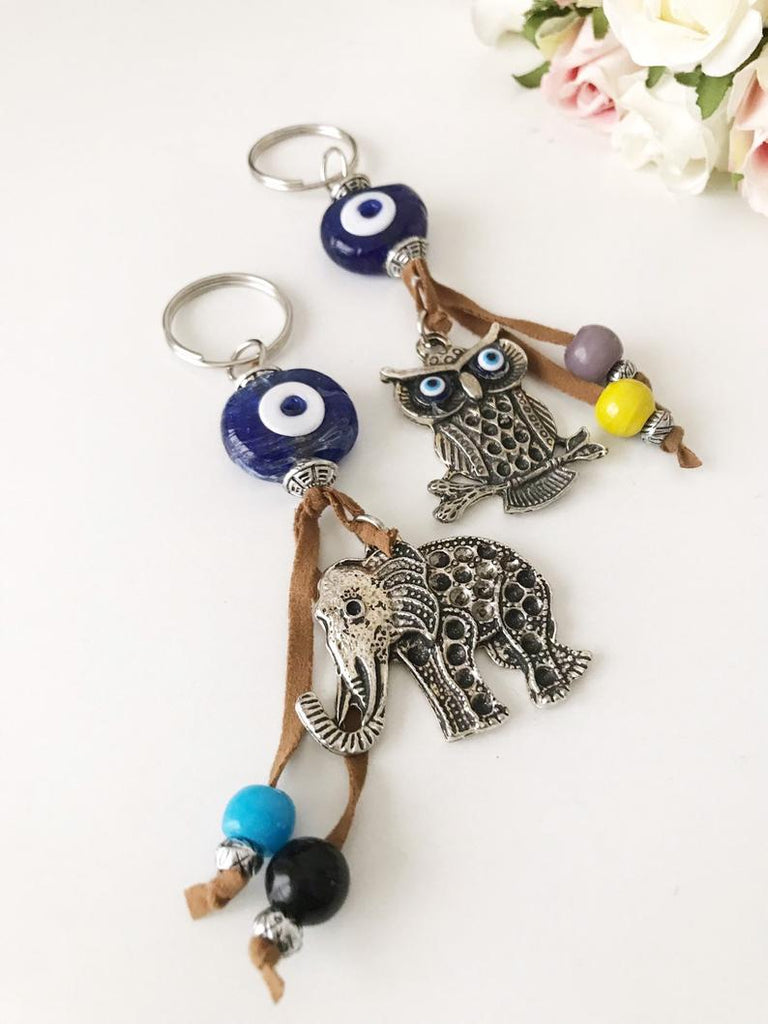 Blue evil eye good luck keychain, elephant, owl keyring