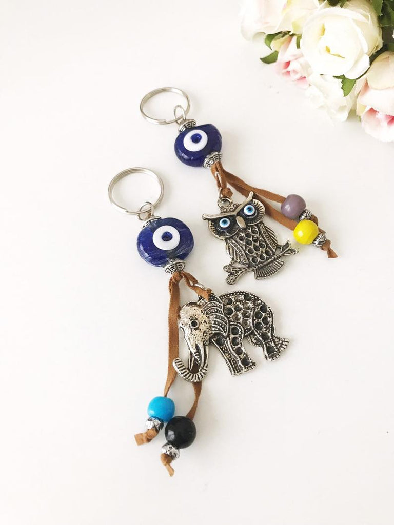 Blue evil eye good luck keychain, elephant, owl keyring