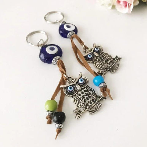 Blue evil eye good luck keychain, elephant, owl keyring