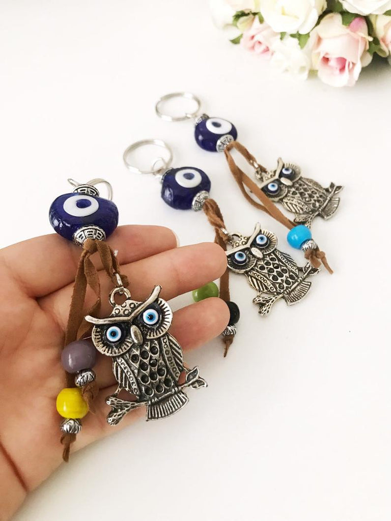 Blue evil eye good luck keychain, elephant, owl keyring