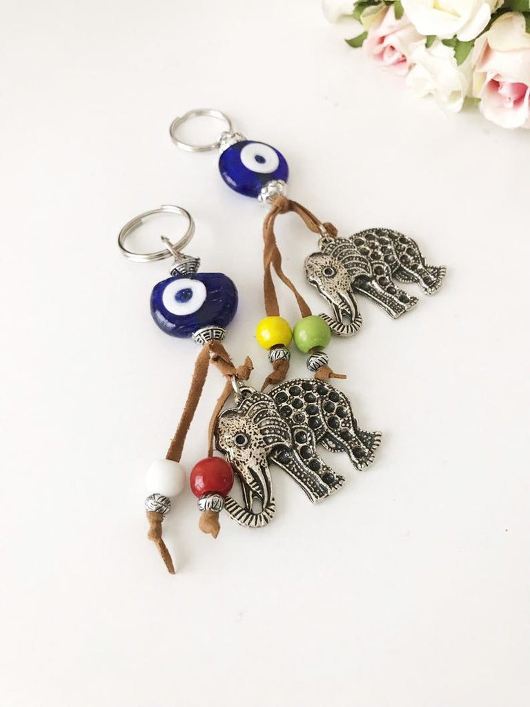 Blue evil eye good luck keychain, elephant, owl keyring