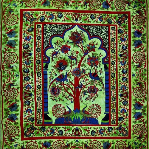 Green Tree of Life Peacock Tapestry