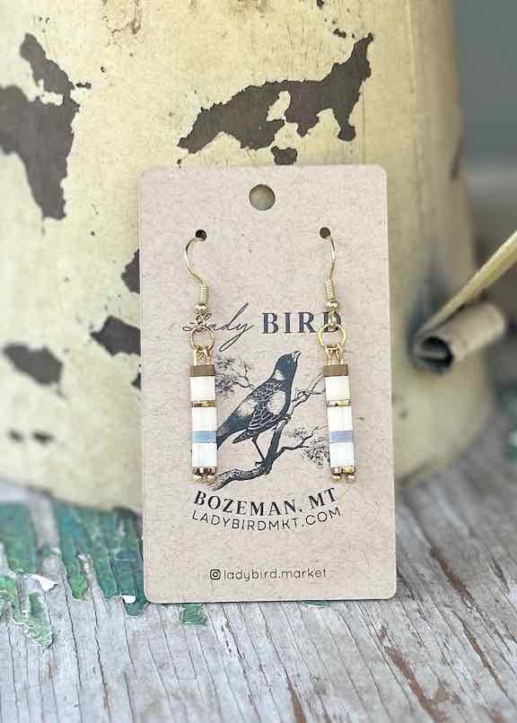 White Mix & Silver or Gold Tila Bead Dangle Earrings – Handmade Boho
