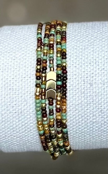 Harvest Green, Brown, Golden Arrow Boho Beaded Stacked 5-Wrap Bracelet