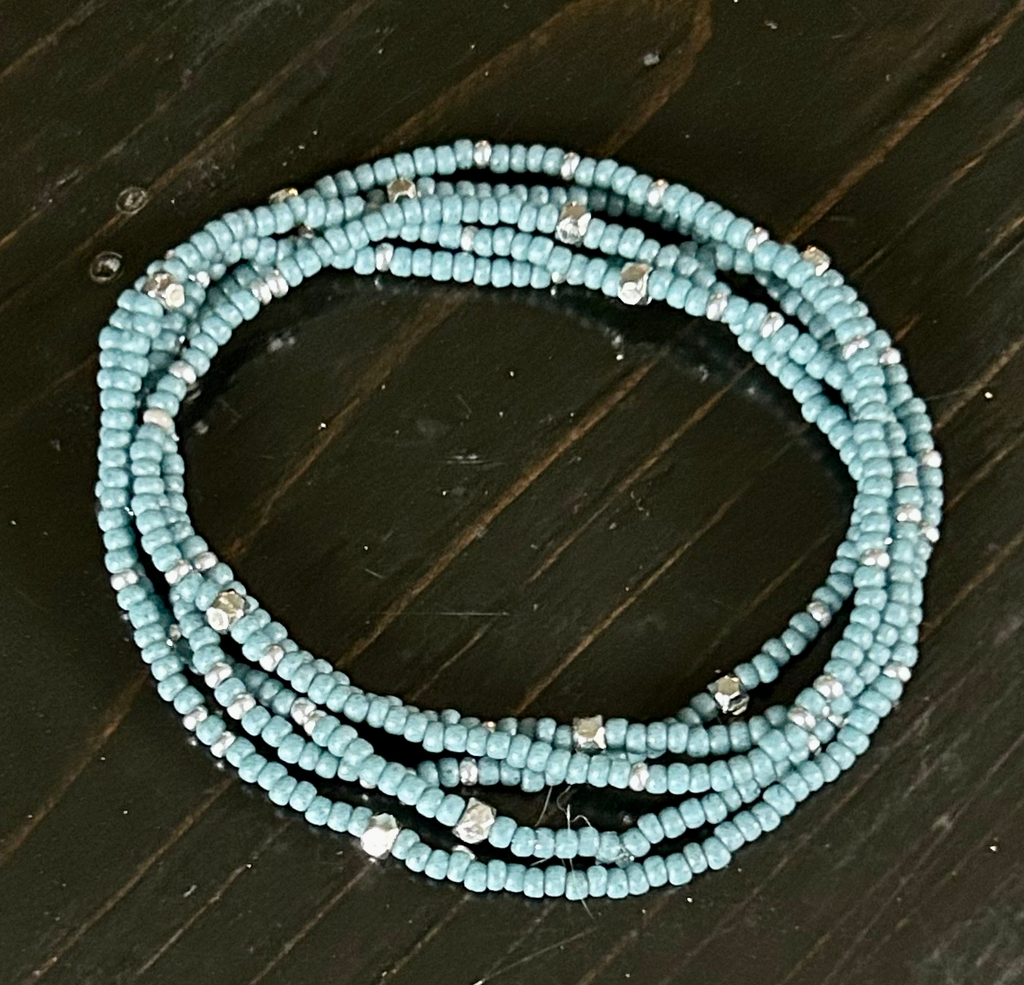 Sage Green Silver or Gold Sprinkled Beaded 5-Wrap Boho Bracelet