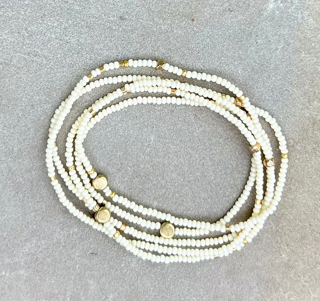 Creamy White Gold or Silver-Sprinkled Beaded 5-Wrap Boho Bracelet