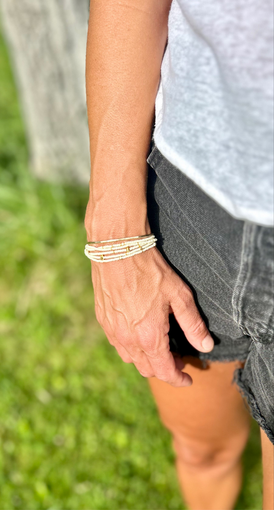 Creamy White Gold or Silver-Sprinkled Beaded 5-Wrap Boho Bracelet