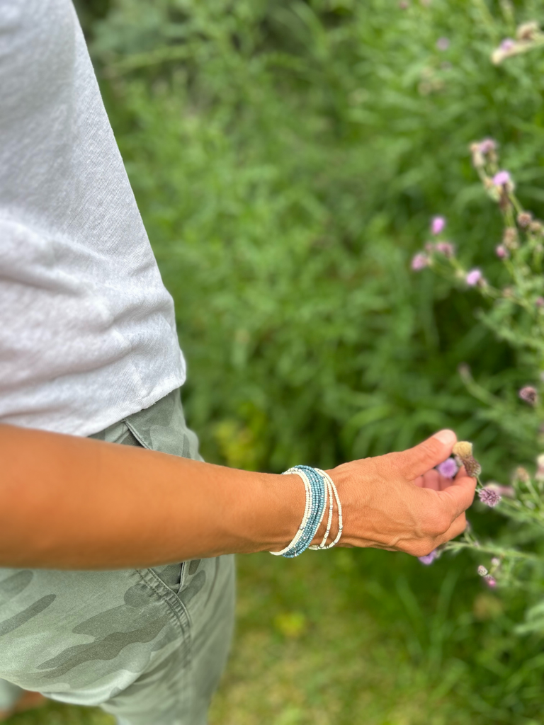 Sage Green Silver or Gold Sprinkled Beaded 5-Wrap Boho Bracelet