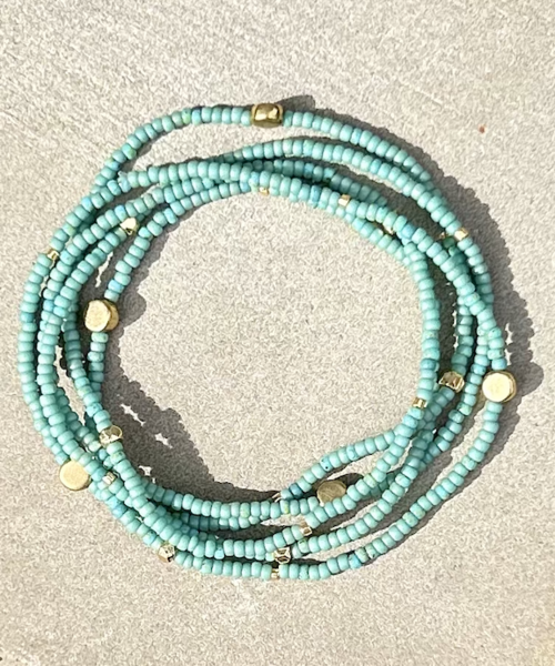 Sage Green Silver or Gold Sprinkled Beaded 5-Wrap Boho Bracelet