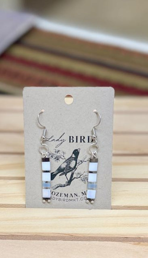 White Mix & Silver or Gold Tila Bead Dangle Earrings – Handmade Boho