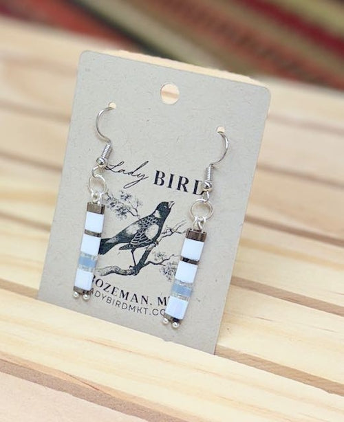 White Mix & Silver or Gold Tila Bead Dangle Earrings – Handmade Boho