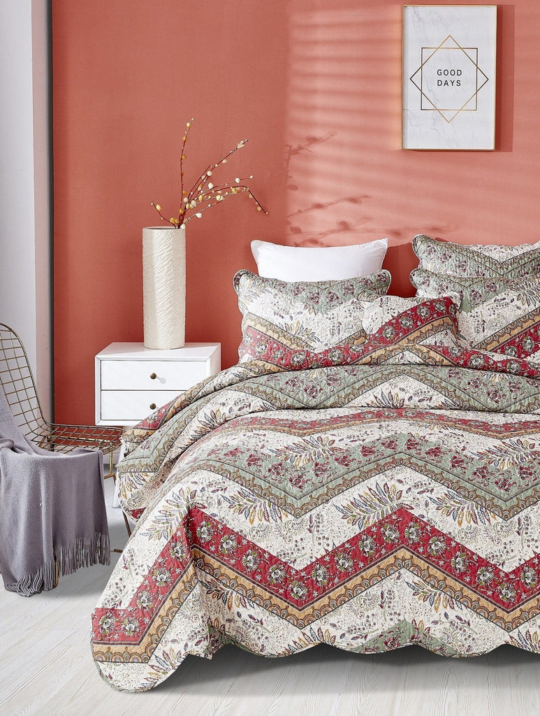 DaDa Bedding Rustic Bohemian Cranberry Sage Chevron Floral Bedspread
