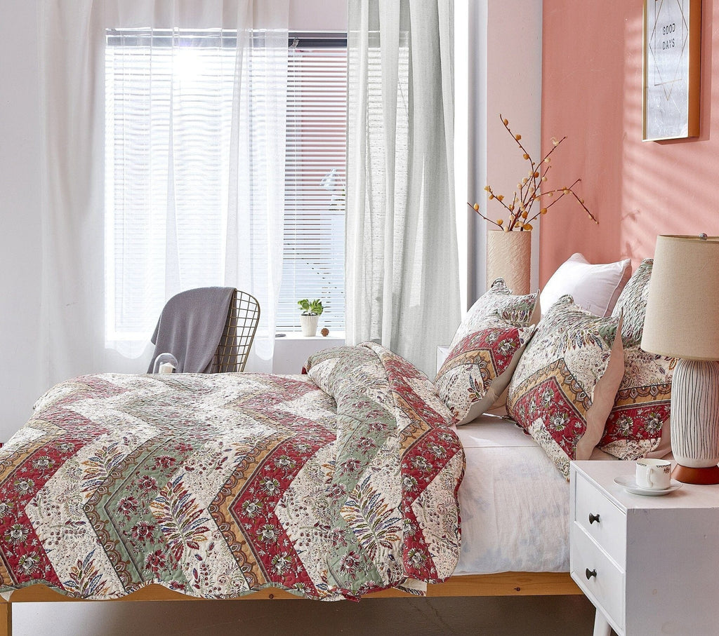 DaDa Bedding Rustic Bohemian Cranberry Sage Chevron Floral Bedspread