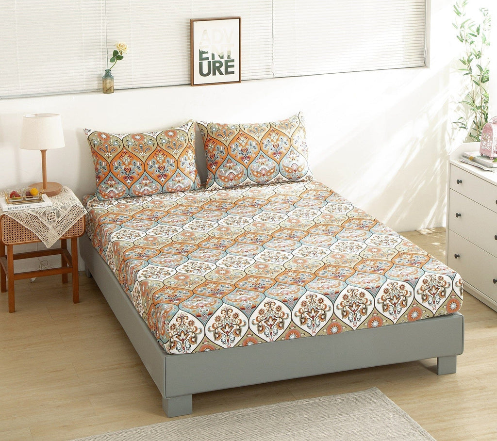 DaDa Bedding Bohemian Fitted Sheet w/Pillow Cases - Coral Teal Floral