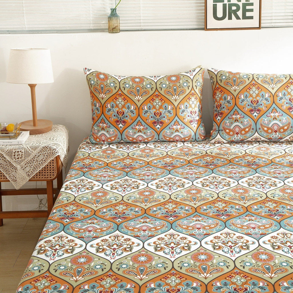 DaDa Bedding Bohemian Fitted Sheet w/Pillow Cases - Coral Teal Floral
