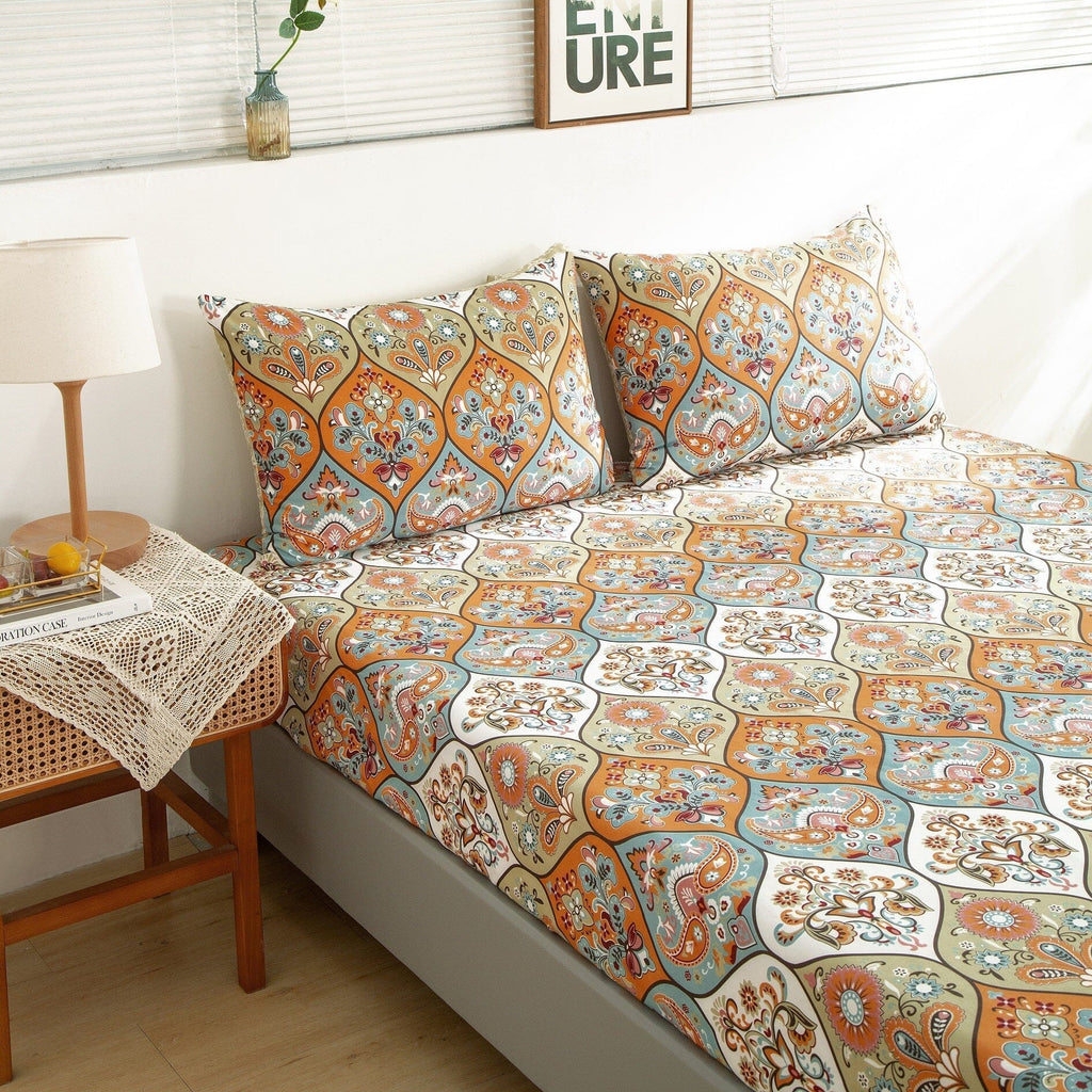 DaDa Bedding Bohemian Fitted Sheet w/Pillow Cases - Coral Teal Floral