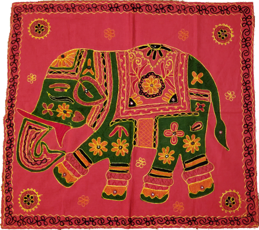 Unique Aari Work Design Embroidered Red Cotton Fabric Square Elephant