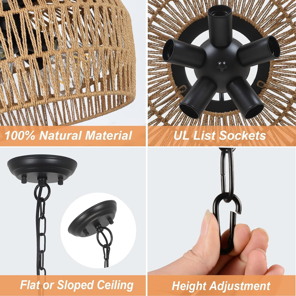 Large 5 Light Handwoven Rattan Boho Dining Room Chandelier