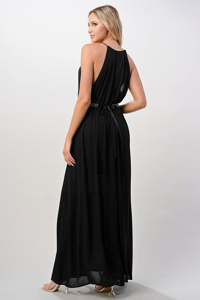 Halter Neck Maxi Dress with Beaded Waist Detail