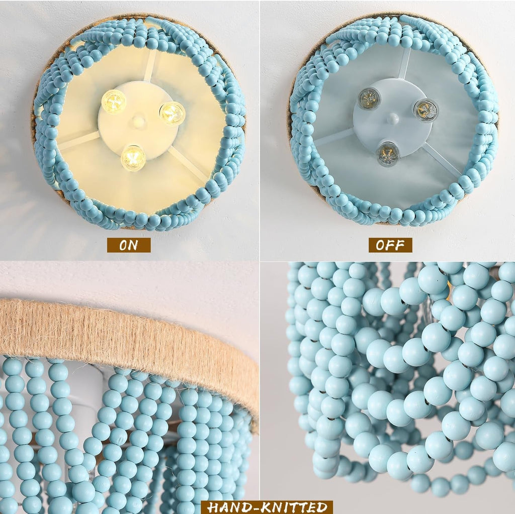 Boho Wood Bead Chandelier 3 Light Fixture Blue 12.6x9.3 In