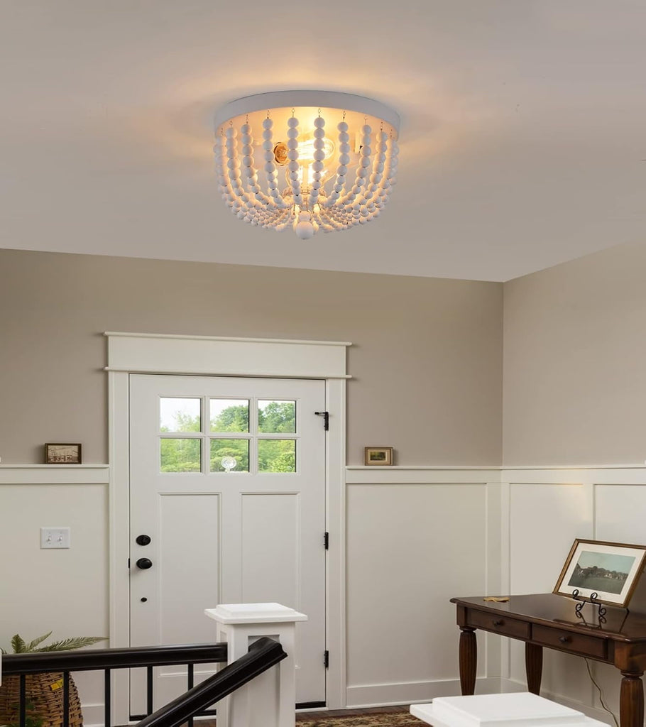 Two Light White Wood Beaded Boho Flush Mount Chandelier For Nursery