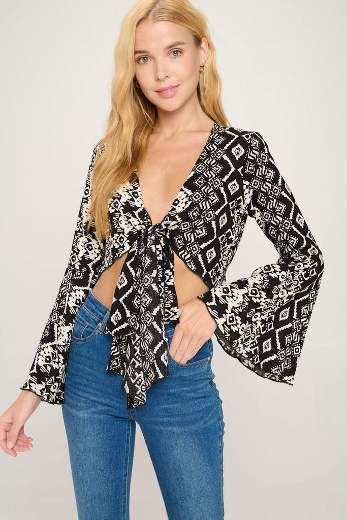 Boho Bell-Sleeve Crop Top with Tie-Front