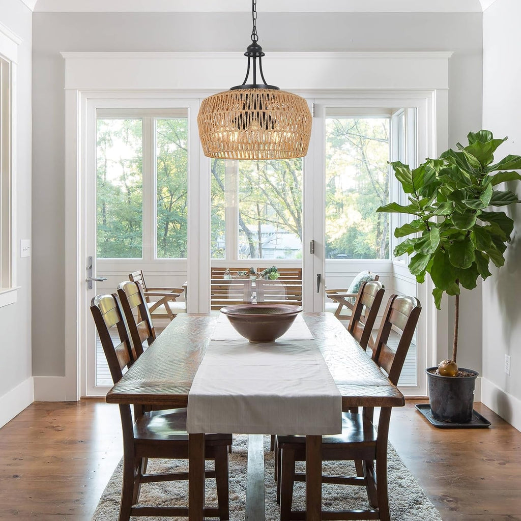 Large 5 Light Handwoven Rattan Boho Dining Room Chandelier