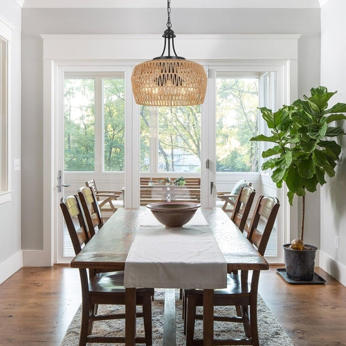 Large 5 Light Handwoven Rattan Boho Dining Room Chandelier