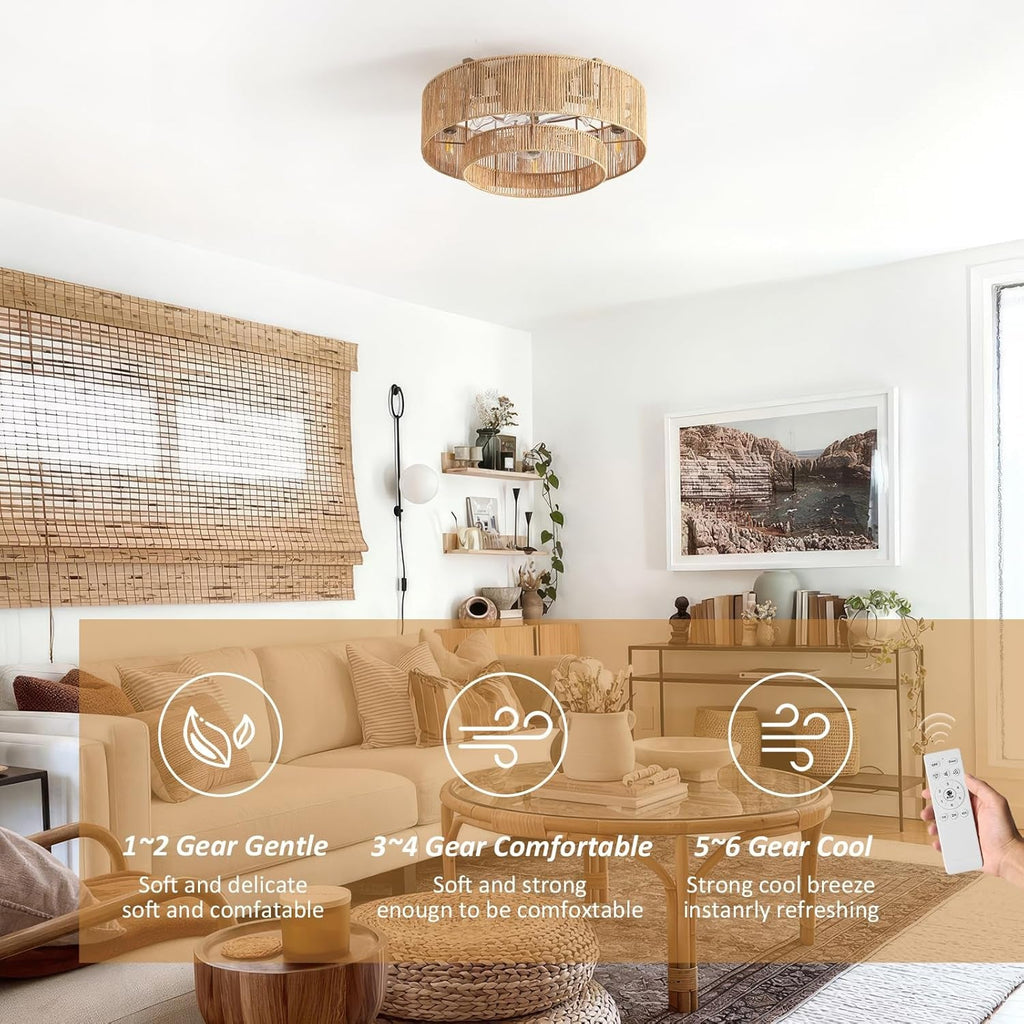 20 Inch Boho Rattan Ceiling Fan With Light And Remote