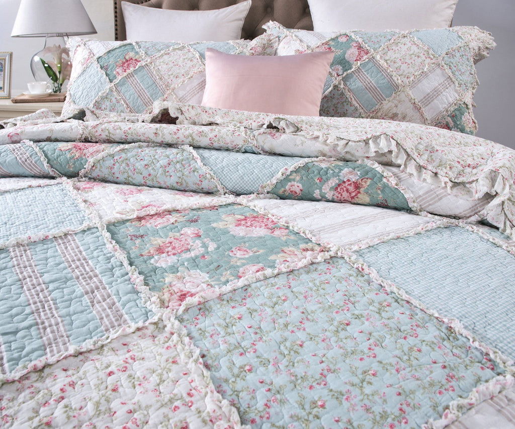 DaDa Bedding Hint of Mint Floral Pastel Cotton Patchwork Ruffle